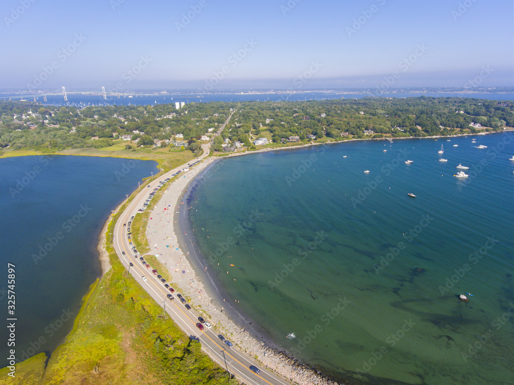 Mackeral Cove Beach and Dutch Island Harbor at Narragansett Bay aerial view in summer, Jamestown, Rhode Island RI, USA. Mackeral Cove Beach and Dutch Island Harbor at Narragansett Bay aerial view in summer, Jamestown, Rhode Island RI, USA.