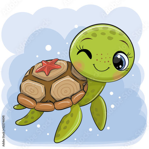 Cartoon water turtle on a blue background
