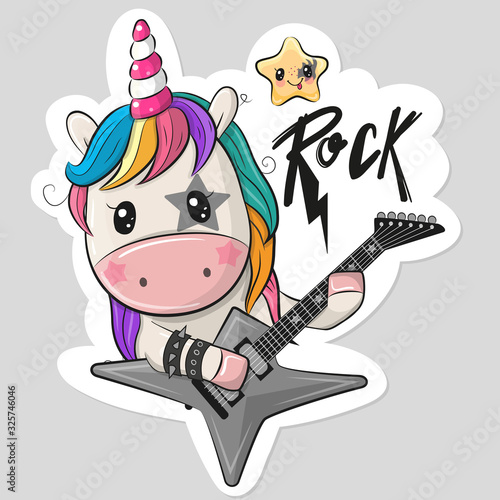 Cartoon rock unicorn with a guitar on a white background