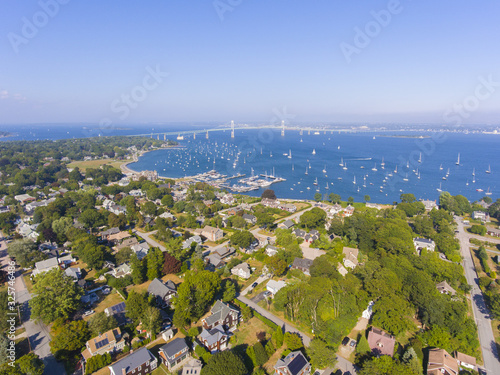 Photos Claiborne Pell Newport Bridge on Narragansett Bay and town of Jamestown aerial view in summer, Jamestown on Conanicut Island, Rhode Island RI, USA