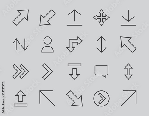 Set of line arrows, directions, arrows, contains icons such as pause, continuation, directly, to the right, Editable stroke. 480x480, On a white background, Vector illustration