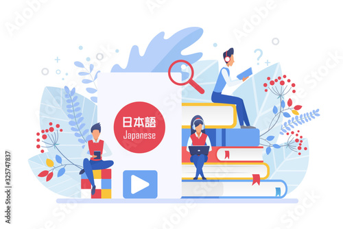 Online language courses flat vector illustration. Distance education, remote school, Japan university lessons. Japanese language Internet class, e learning isolated clipart on white background