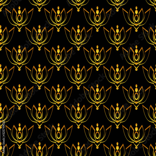 Art Deco Inspired Seamless Pattern of Golden Geometric Flowers on Black Background