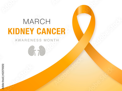 March - Kidney Cancer Awareness Month. Orange color awareness ribbon on white background. Vector design template. Concept healthcare banner.