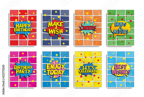 set of birthday banner or greeting card templates in retro pop art style. vintage holiday illustration easy to edit and customize. eps 10