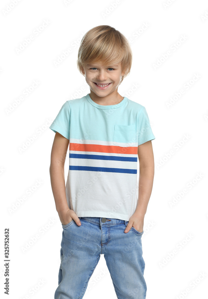 Happy little boy in casual outfit on white background Happy little boy in casual outfit on white background