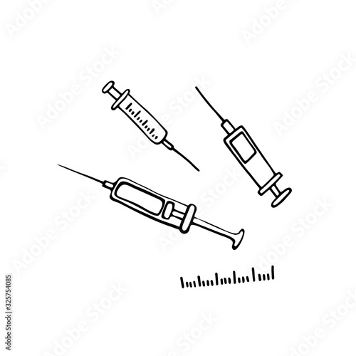 Medical set. Doodle syringes for influenza vaccination, disease, prevention, healthcare, injections, tests. Vector illustration with pharmaceutical hand drawn syringes isolated on white background