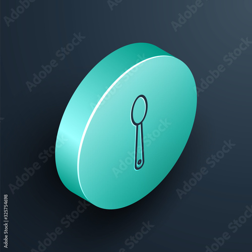 Isometric line Heroin in a spoon icon isolated on black background. Concept of drug addiction and dependence from the narcotic. Junkie lifestyle. Turquoise circle button. Vector Illustration