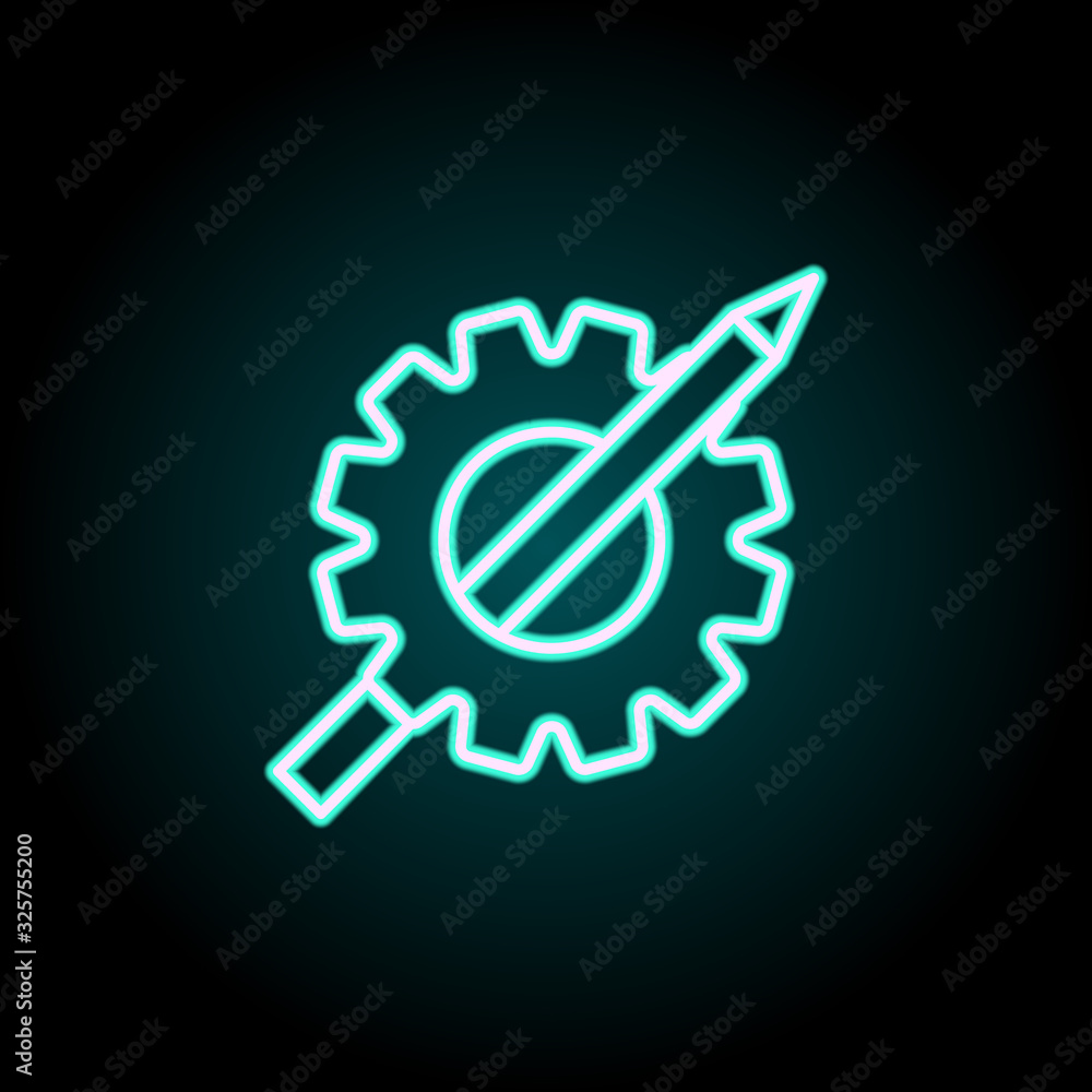Gear and pencil neon icon. Simple thin line, outline vector of startup icons for ui and ux, website or mobile application Gear and pencil neon icon. Simple thin line, outline vector of startup icons for ui and ux, website or mobile application