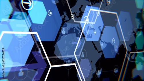 Abstract of modern high tech internet data center room with rows of racks with network and server hardware.