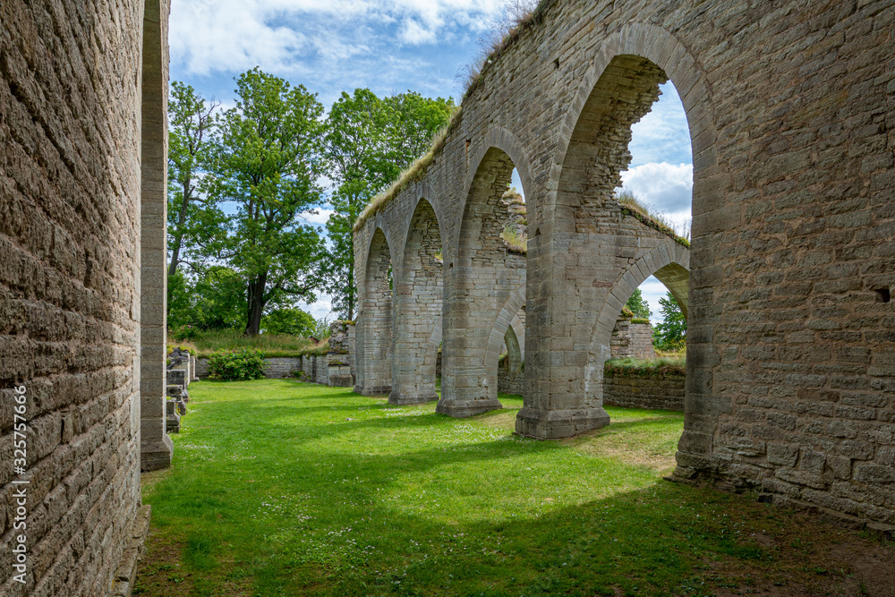 Inside the medieval cloister ruin of Alvastra in Sweden
