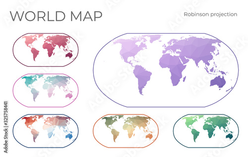 Low Poly World Map Set. Robinson projection. Collection of the world maps in geometric style. Vector illustration.