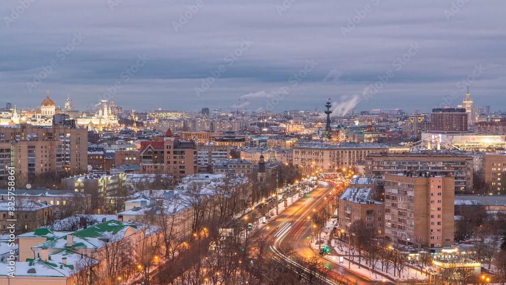 Moscow city Russia skyline aerial panoramic top view day to night timelapse urban winter snow scenery architecture background