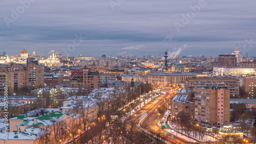 Moscow city Russia skyline aerial panoramic top view day to night timelapse urban winter snow scenery architecture background
