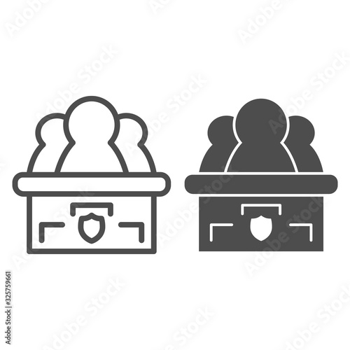 Honorable jury line and solid icon. Three figures in compartment, acting as a judgment. Jurisprudence vector design concept, outline style pictogram on white background, use for web and app. Eps 10.
