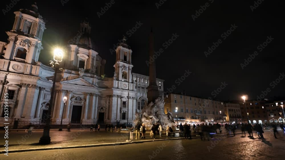 beautiful night time-lapse at the Church Sant Agnese in Agone and Fountain of the four Rivers with Egyptian obelisk on Piazza Navona in Rome. Italy, bernini. beautiful night time-lapse at the Church Sant Agnese in Agone and Fountain of the four Rivers with Egyptian obelisk on Piazza Navona in Rome. Italy, bernini.
