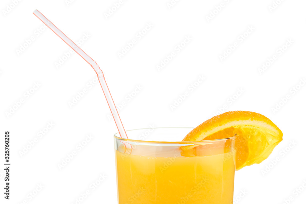 Orange juice with a straw and a slice of orange close-up on a white background. Orange juice with a straw and a slice of orange close-up on a white background.