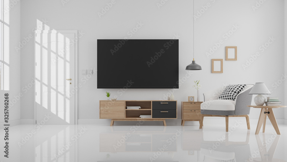 Fototapeta premium Interior poster mock up living room with colorful white sofa. 3D rendering.