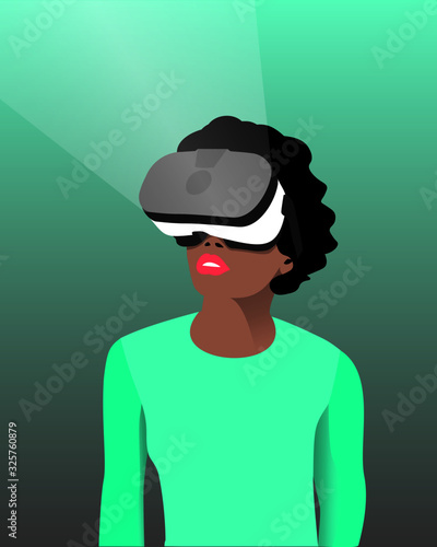 Illustration of young woman with virtual reality glasses with light beam, standing, looking up.