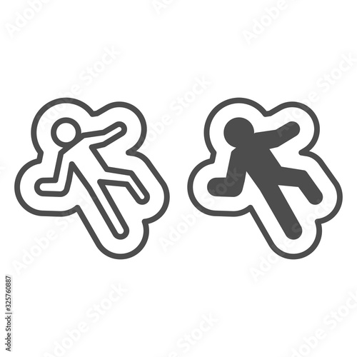 Deadman spot line and solid icon. Crime investigation scene, lying dead body on floor. Jurisprudence vector design concept, outline style pictogram on white background, use for web and app. Eps 10.