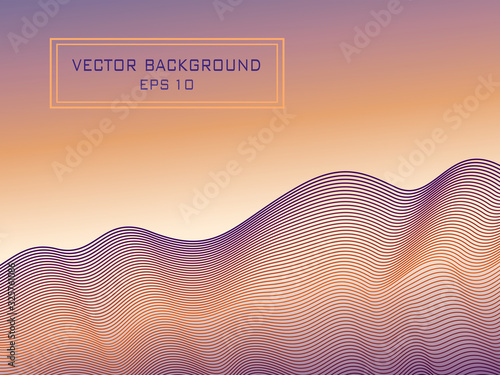 Purple and orange background with diagonal waveform. Thin wavy curves of dark colored gradient. Line art pattern. Vector abstract template for creative design, business card. EPS10 illustration
