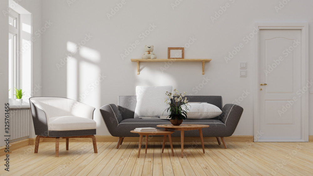 Fototapeta premium Interior poster mock up living room with colorful white sofa. 3D rendering.