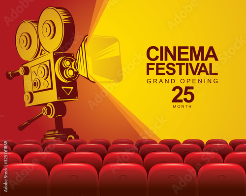 Vector cinema festival poster with old fashioned movie camera. Cinema hall with big screen and red seats. Empty movie theatre. Can be used for banner, poster, web page, background