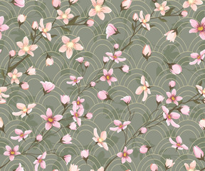 Canvas schilderij Japanse stijl patronen Bloeiende takken met roze sakura bloesems  © Hmarka