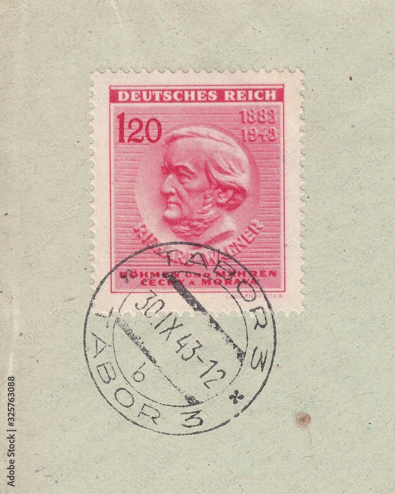 Portrait of Richard Wagner (1813-1883), composer. Postmark of the city Tabor, stamp Bohemia and Moravia 1943
