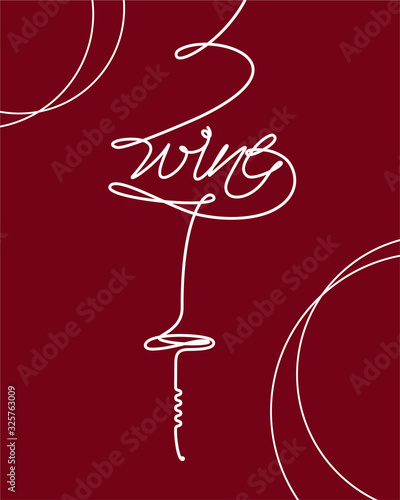 Corkscrew with lettering "wine". Icon with a continuous line in modern style. Design element for wine tasting, menu, wine list, restaurant, winery, liquor shop. Single line.