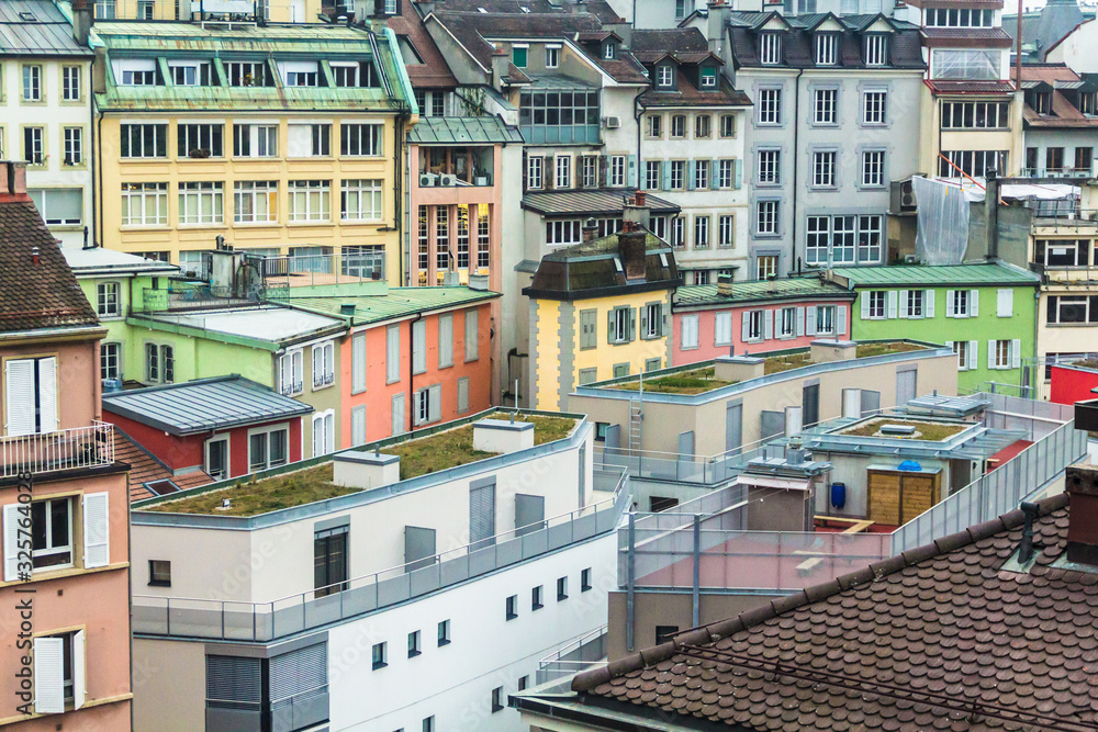 Rooftops and facades in Lausanne, Switzerland on an overcast day