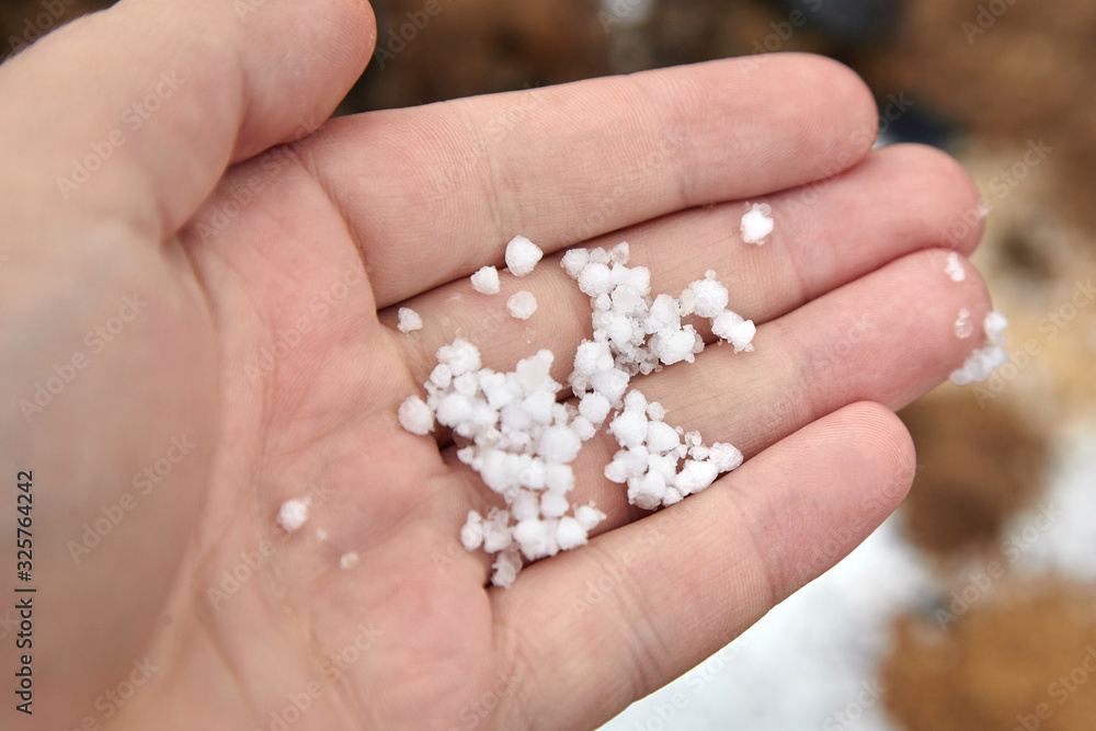 Graupel, snow pellets or soft hail in hand on blurred background. Form of precipitation Graupel, snow pellets or soft hail in hand on blurred background. Form of precipitation