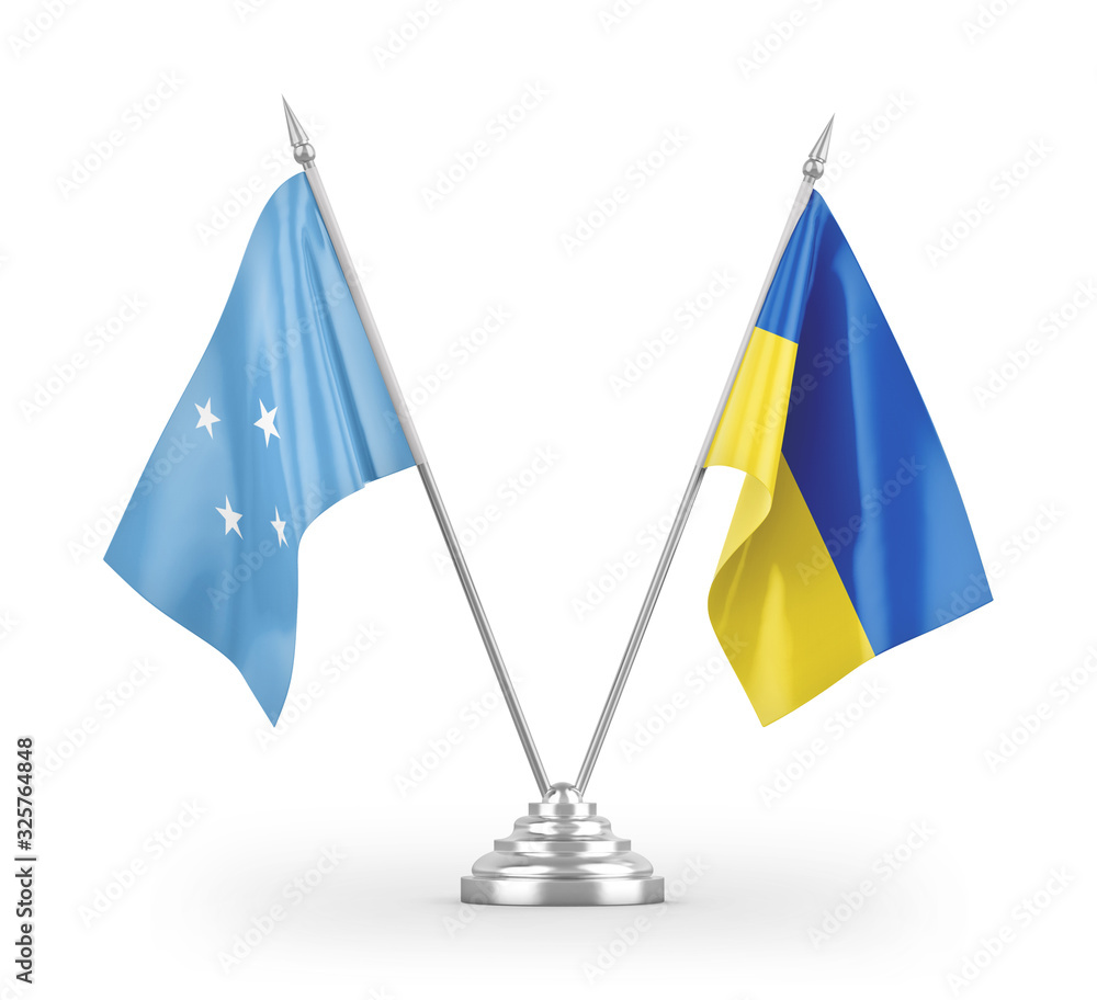 Ukraine and Micronesia table flags isolated on white 3D rendering