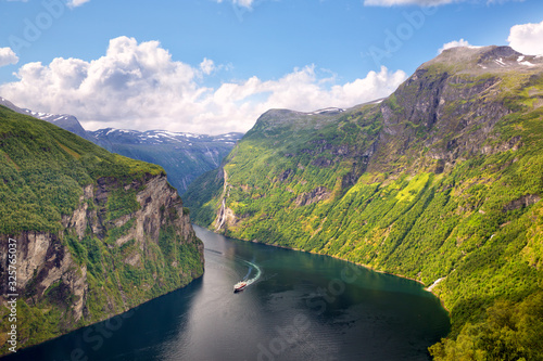 Geiranger Fjord and famous Seven Sisters waterfalls, Norway photo