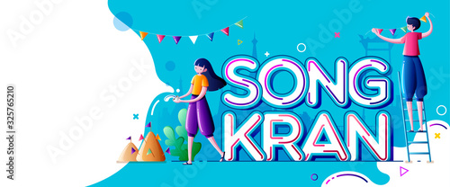 Songkran Festival in Thailand with people enjoy splashing water and decorating text on blue background with copyspace ,Thai New Year's day-Horizontal banner design,greeting card, headers for website.