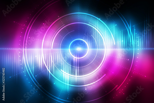 Dark tech abstract background with neon glow. Cyber circle laser figure on abstract background