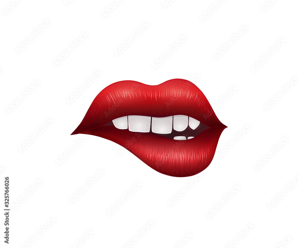Realistic Playful Sexy Lips. Vector Illustration Isolated on White Background.