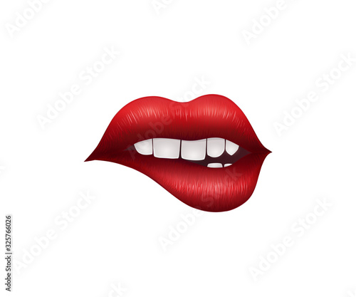 Realistic Playful Sexy Lips. Vector Illustration Isolated on White Background.