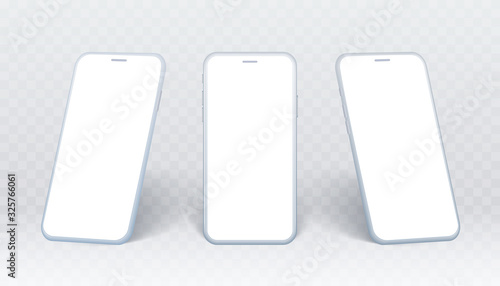 Smartphone side view set. White mobile phone collection in different angles. Isolated device on transparent background with empty screen for showing ui design or website.