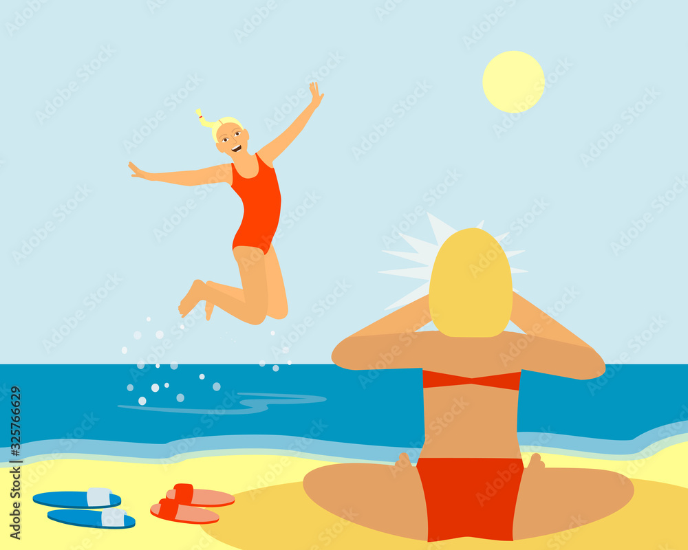 Mom takes pictures of a happy girl jumping on the sea. Photos beach family for lifestyle design. Summertime relax. Summer people outdoors. Flat vector illustration.