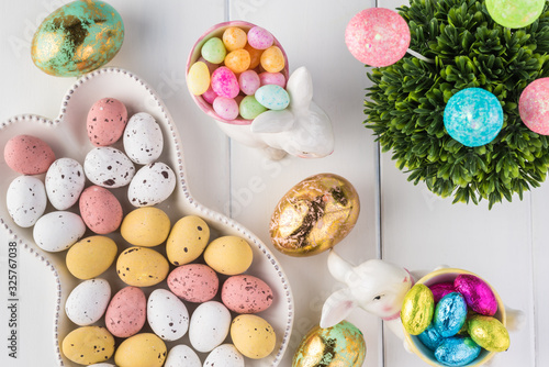 Party table decorated for Easter celebration.