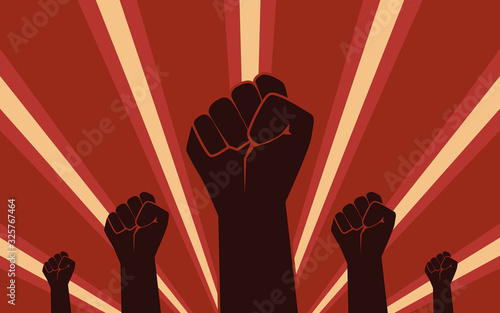 Silhouette Raised fist hand protest in flat icon design on red color background