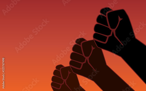 Silhouette Raised fist hand protest in flat icon design on red color background