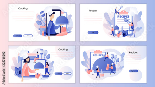 Food blogging. Recipes online. Tiny People Cook in Chef Cap. Screen template for mobile smart phone, landing page, template, ui, web, mobile app, poster, banner. Modern flat cartoon style. Vector