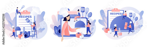 Food blogging. Recipes online. Professional chef holding dish. Tiny People Cook in Chef Cap. Modern flat cartoon style. Vector illustration on white background