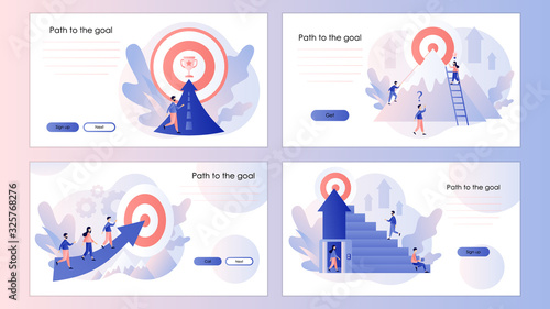 Efforts to achieve target. Businessmen running towards the goal. Screen template for mobile smart phone, landing page, template, ui, web, mobile app, poster, banner. Modern flat cartoon style. Vector