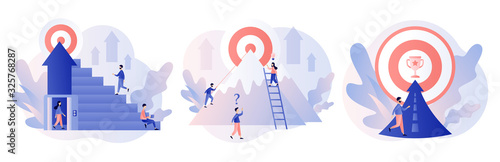 Efforts to achieve target. Perseverance, Challenge, Career and personal growth. Tiny people businessmen running towards the goal. Modern flat cartoon style. Vector illustration on white background