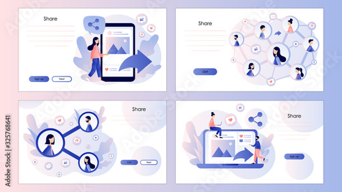 Share concept. Tiny people sharing links in social networks. Screen template for mobile smart phone, landing page, template, ui, web, mobile app, poster,banner. Modern flat cartoon style. Vector 