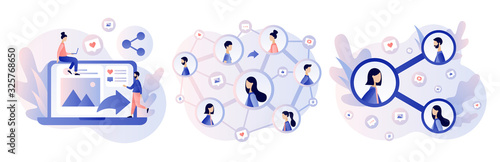 Share concept. Tiny people sharing data, photos, links, posts and news in social networks. Modern flat cartoon style. Vector illustration on white background