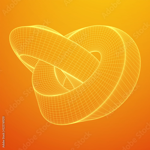 Mobius strip ring knot sacred geometry. Spatial figure with upturned surfaces. Optical illusion with dual circular contour. Wireframe low poly mesh vector illustration.